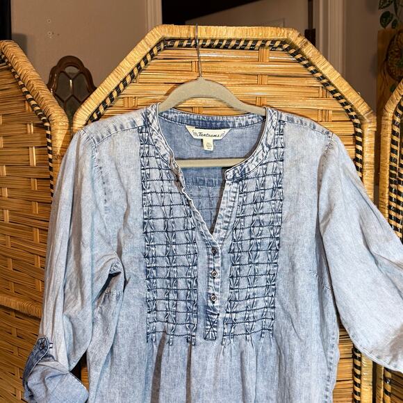 Tantrums Chambray Smocked Bib Blouse Roll Tab Sleeves XXL boho western classic - Picture 4 of 8